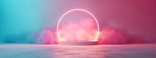  A circular object emits smoke in a room, colored pink and blue
