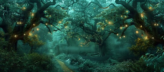 Mystical forest path illuminated by glowing lanterns hanging from ancient trees