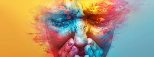 Obraz premium A tight shot of a person's face, enshrouded in hues of smoke emerging from both mouth and hands