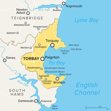 English Riviera in Torbay, England, political map. Geopark and popular tourist destination around the Tor Bay on the English Channel, with the towns Torquay, Paignton and Brixham, in the county Devon.