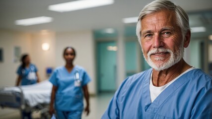 Obraz premium A senior male doctor with gray hair and a beard, standing in a hospital hallway with medical staff in the background. 