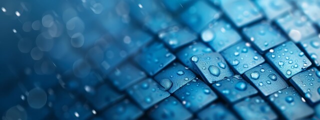  A tight shot of water droplets on a blue tile pattern, with a softly blurred background of diffused light
