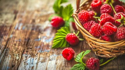 Wicker basket overflowing with freshly picked raspberries on rustic wooden table