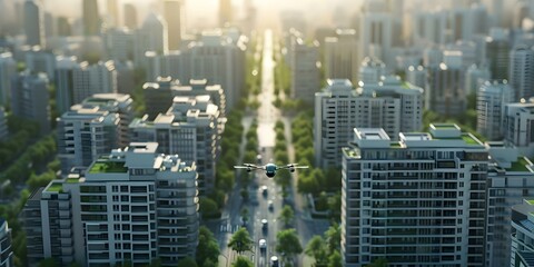 Modern city with smart buildings transport drones autonomous driving and green spaces. Concept Smart City, Future Technology, Green Spaces, Autonomous Driving, Urban Development