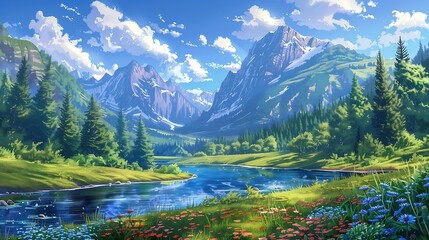 Colorful summer mountain landscape with river and wildflowers