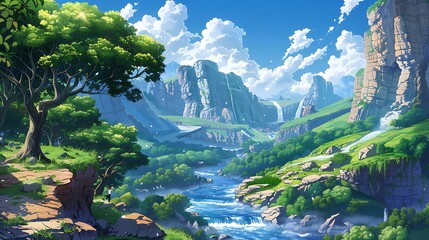 Scenic fantasy landscape with river flowing through green valley and mountains in background