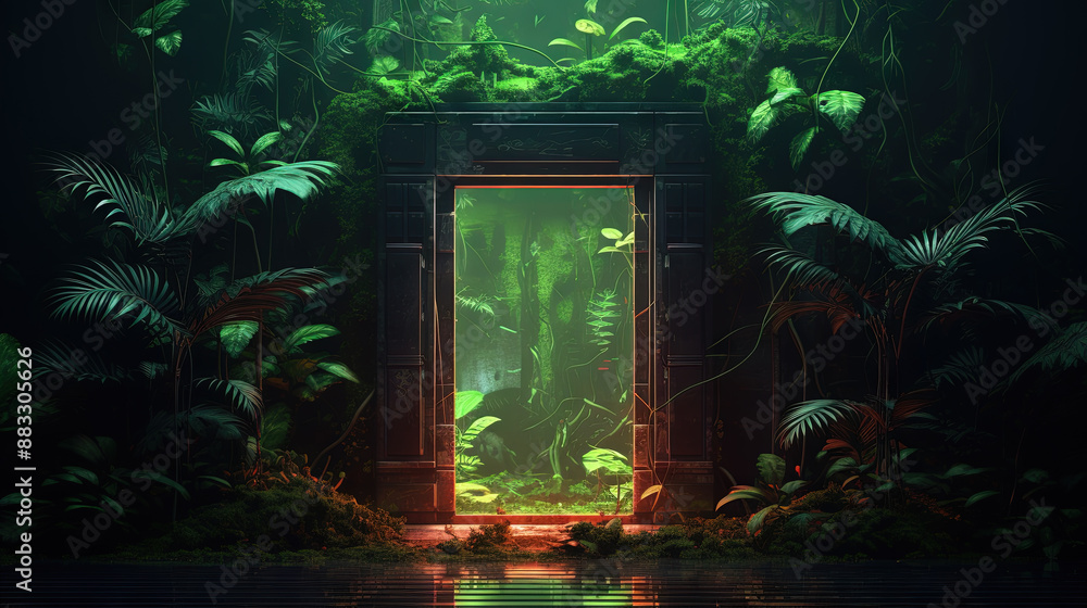 Poster mysterious door or portal with neon light in the jungle in synthwave style.
