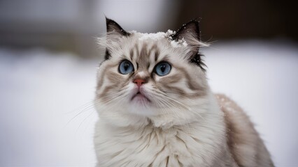 Fluffy Cat with Blue Eyes and Snow on Head in Winter