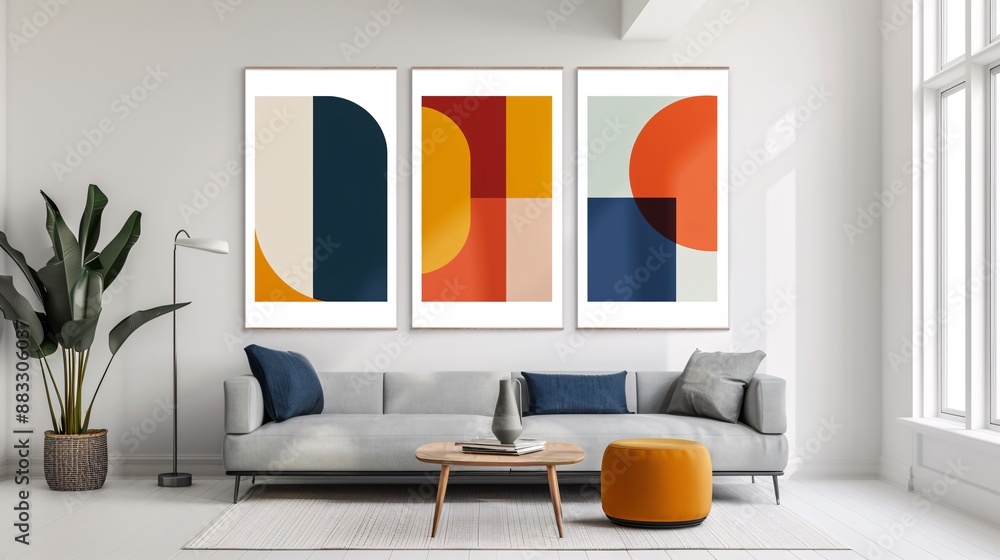 Poster a set of three minimalistic abstract posters featuring a continuous image across a pristine white ba