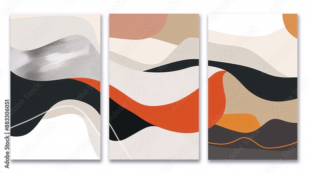Poster a set of three minimalistic abstract art posters with a continuous flow, displayed on a white backgr