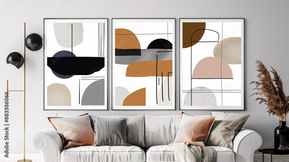 Poster three modern abstract art posters with a continuous minimalistic pattern, seamlessly connected on a 