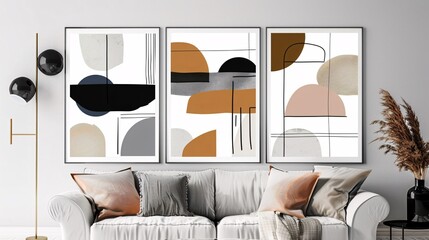 Three modern abstract art posters with a continuous minimalistic pattern, seamlessly connected on a white background for a sleek and elegant decor