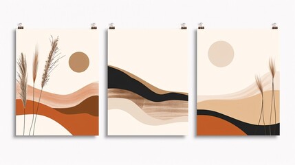 A set of three minimalistic abstract art posters with a continuous flow, displayed on a white background for a cohesive and stylish appearance