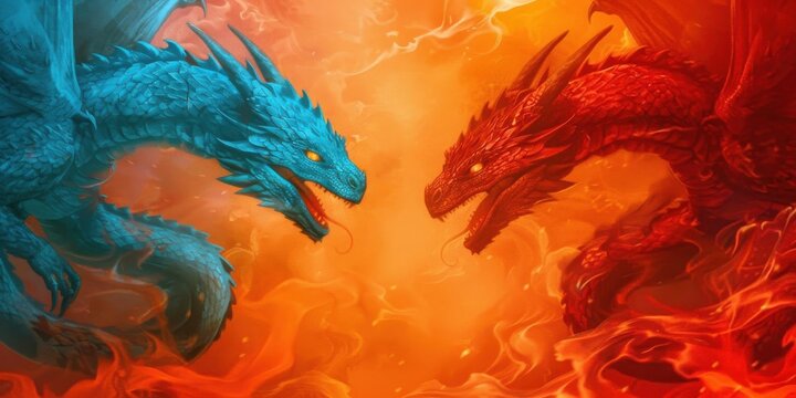 A blue and red dragon face off in a fiery battle.