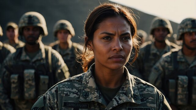 A determined female soldier stands at the forefront of her troops, showcasing leadership and strength in a military setting.
