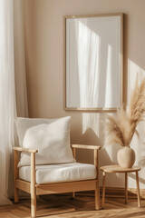 Cozy Reading Corner with Cushioned Armchair, Pampas Grass, and Empty Poster mock-up Template