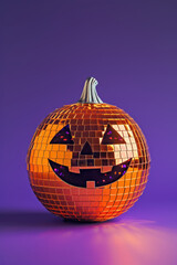 Obraz premium vibrant halloween pumpkin disco ball on purple backdrop for seasonal decor
