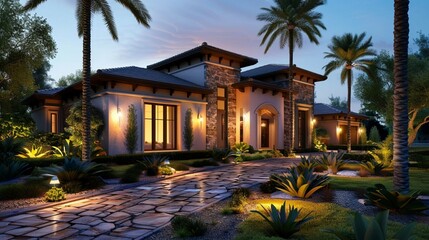 Beautiful home exterior in evening with glowing interior lights and landscaping