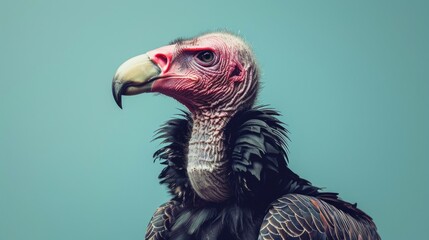 Portrait of a Vulture Against a Minimalist Blue Background