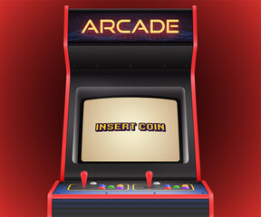Retro Arcade Machine With ‘Insert Coin’ Message on the Screen. Vector Illustration