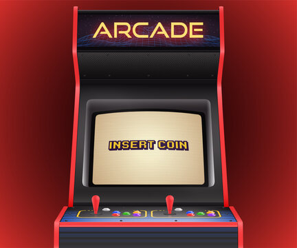 Retro Arcade Machine With ‘Insert Coin’ Message on the Screen. Vector Illustration