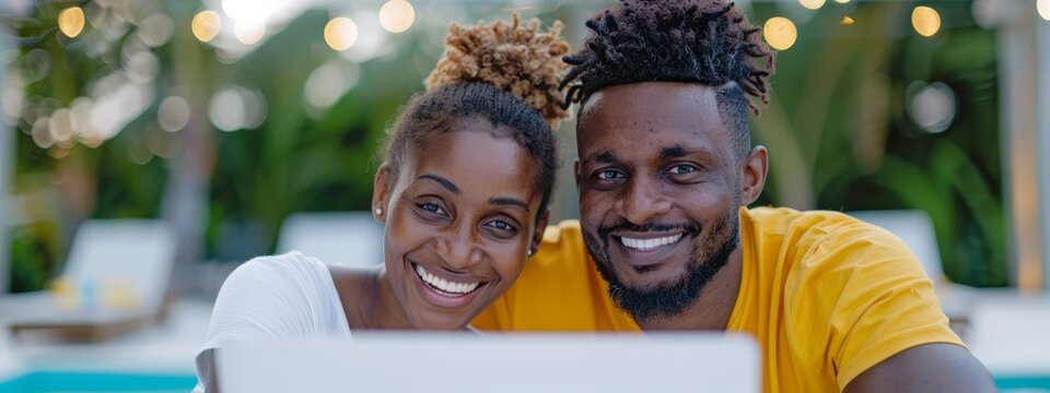  A man and a woman smile as they face each other, seated next to a laptop on poolside