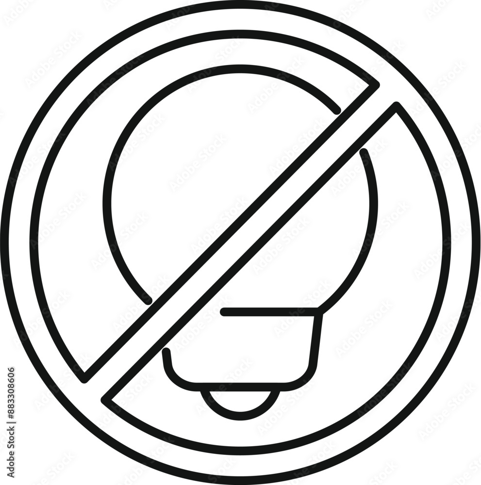 Poster simple line icon representing a crossed out light bulb, signaling a ban on lighting or illumination 