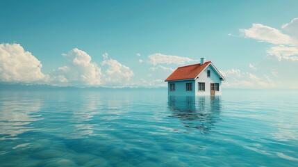 Solitary House with Red Roof on Tranquil Blue Ocean under Clear Sky