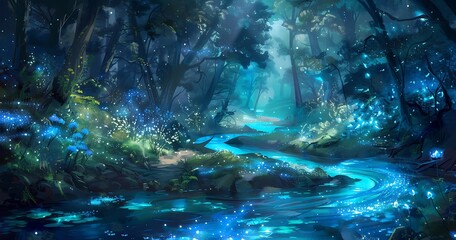 Glowing river winds through a dense forest with vibrant flora and fauna