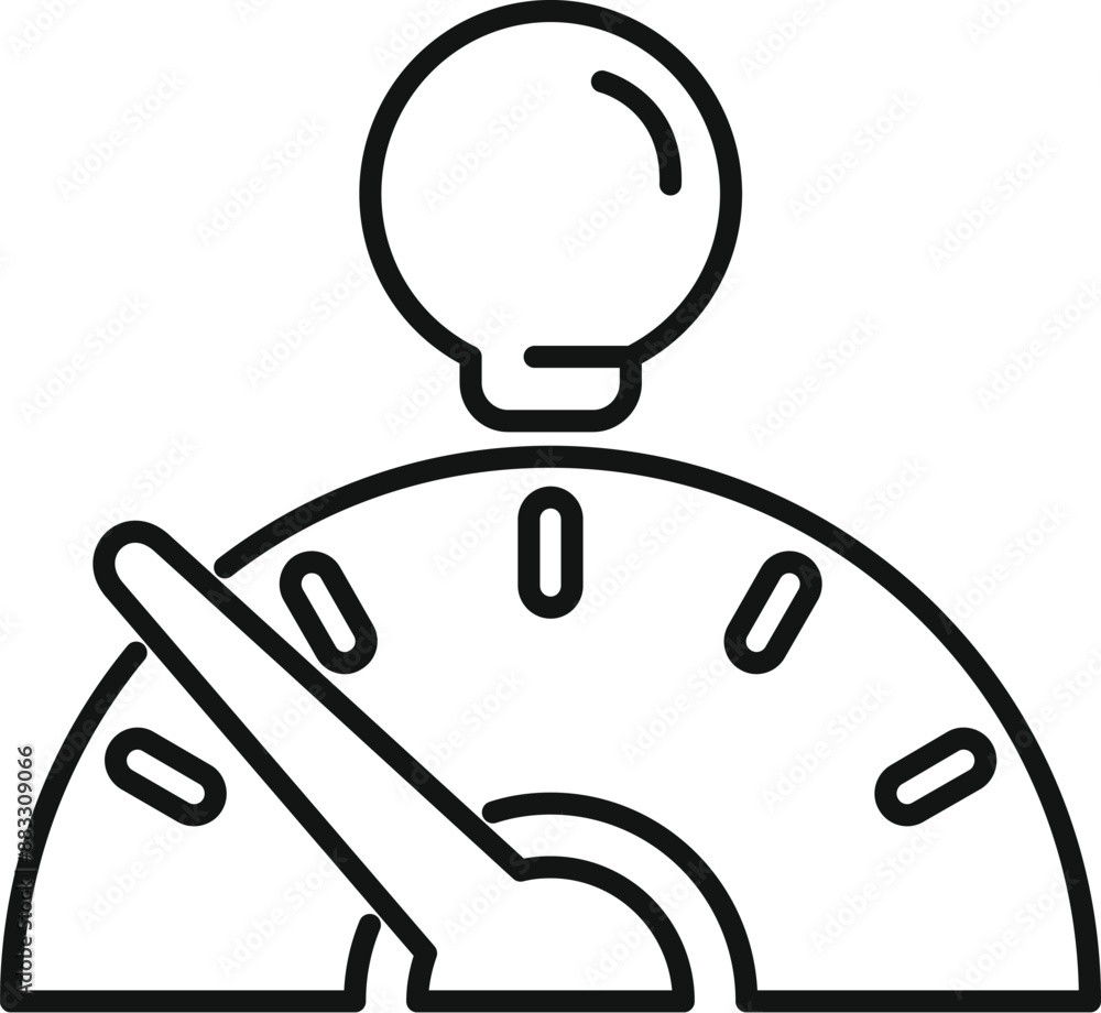 Poster line art icon of a speedometer reaching its maximum level with a light bulb above symbolizing an ide