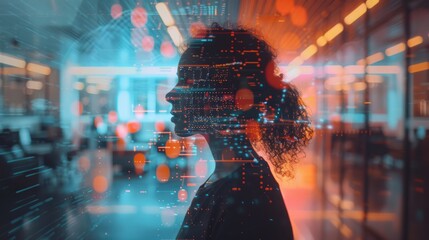 Silhouette of Woman Amidst Futuristic Data Visualizations in a Modern Office