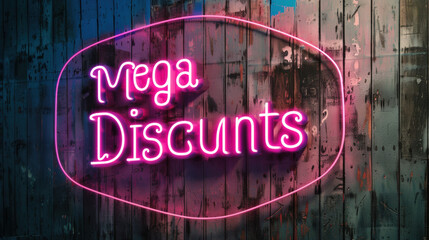 Realistic isolated neon sign of logo on the wall background with the phrase "Mega Discounts"