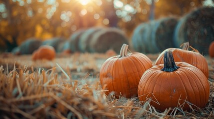 Pumpkins on bales of straw and sunflowers, autumn composition concept design