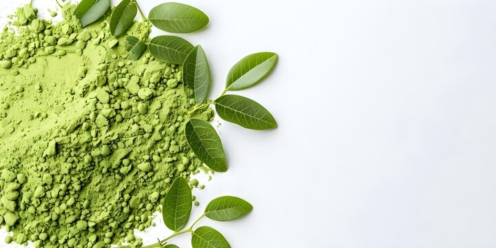 Selective focus closeup of organic senna leaf powder on white background. Concept Organic Senna Leaf Powder, Closeup Shot, Selective Focus, White Background
