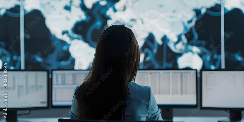 Poster person at desk with digital screens showing global data maps. concept global data mapping, digital s