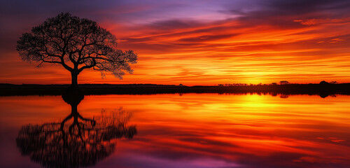 Obraz premium A mesmerizing sunset scene over a tranquil lake, where the sky is ablaze with hues of deep orange, crimson, and purple, reflecting vividly on the still water