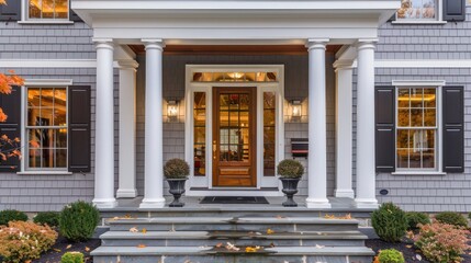 The classic symmetry of a Suburban Colonial home's facade, highlighted by a central front door framed by sidelights