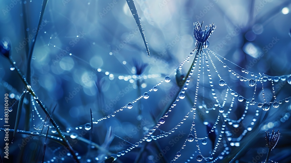 Wall mural beautiful natural background with necklace of water droplets on a cobweb in grass in spring of summe
