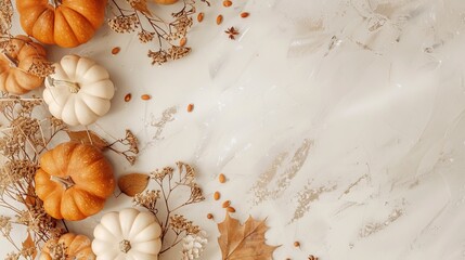 Obraz premium Top view Thanksgiving day with pumpkins, free space on one side, Boho Chic Style Decor