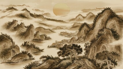 Illustration of a landscape with mountains, trees and a lake.
