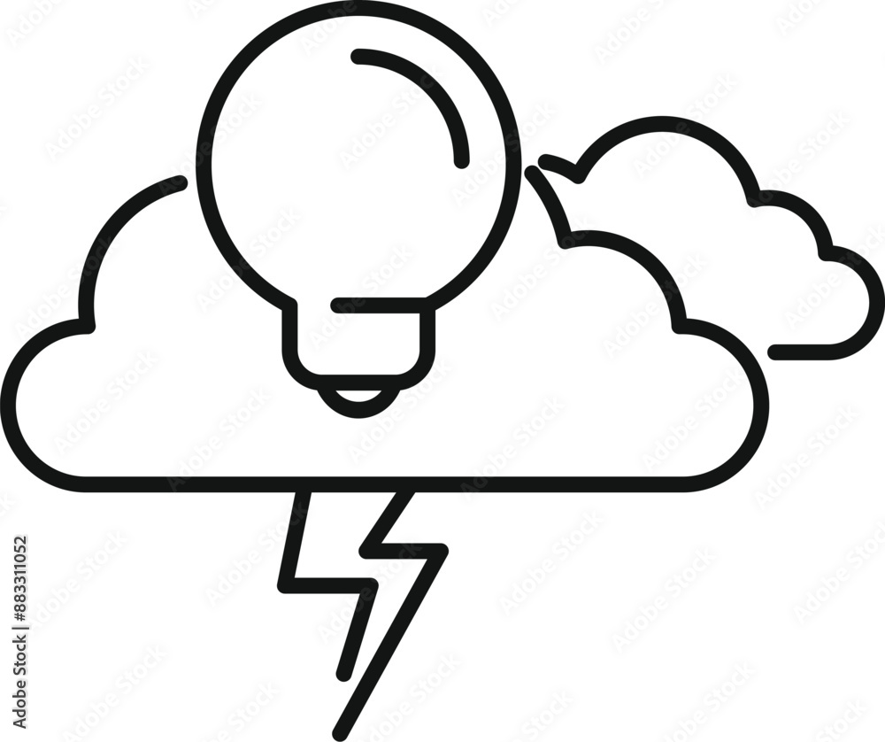 Poster line drawing of a light bulb floating on a cloud and producing a lightning bolt, representing a grea