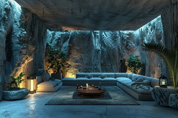 Bunker Living Room with high-tech gadgets, bunker home decor. Template