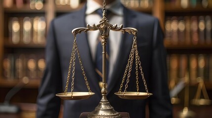 A lawyer standing behind scales of justice in a law library, symbolizing balance and fairness in the legal profession.