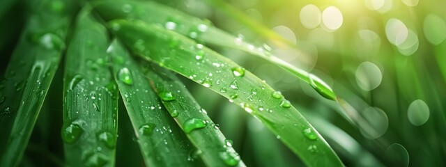 Naklejka premium A tight shot of a lush green leaf, adorned with sparkling water droplets Sunlight gleams behind