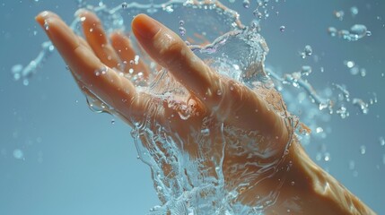 Fototapeta premium Ethereal Hand Under Crystal Water Splash in Pristine Blue Atmosphere