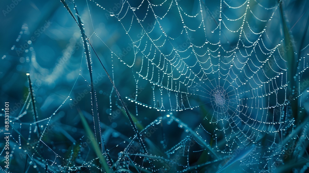 Wall mural beautiful natural background with necklace of water droplets on a cobweb in grass in spring of summe