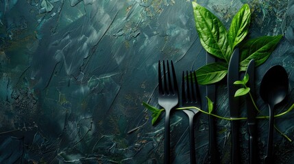 Green leaf and black cutlery arrangement with space for text Nature themed dining concept