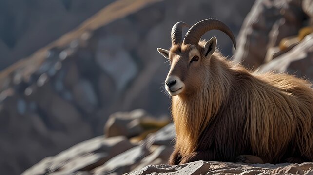 Himalayan tahr, Hemitragus jemlahicus, even-toed ungulate native to the Himalayas in southern Tibet. Wild goat in the rock stone nature habitat, mountian in north of India. Wildlife
