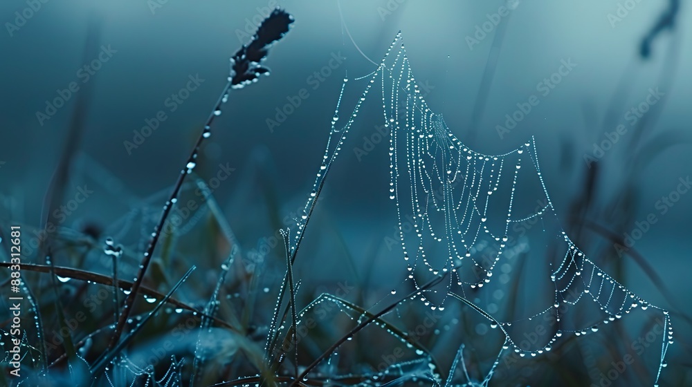 Wall mural beautiful natural background with necklace of water droplets on a cobweb in grass in spring of summe