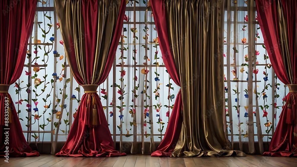 Wall mural beautiful curtains on stage, theater stage with curtain backdrop, window with spotlight curtains, re